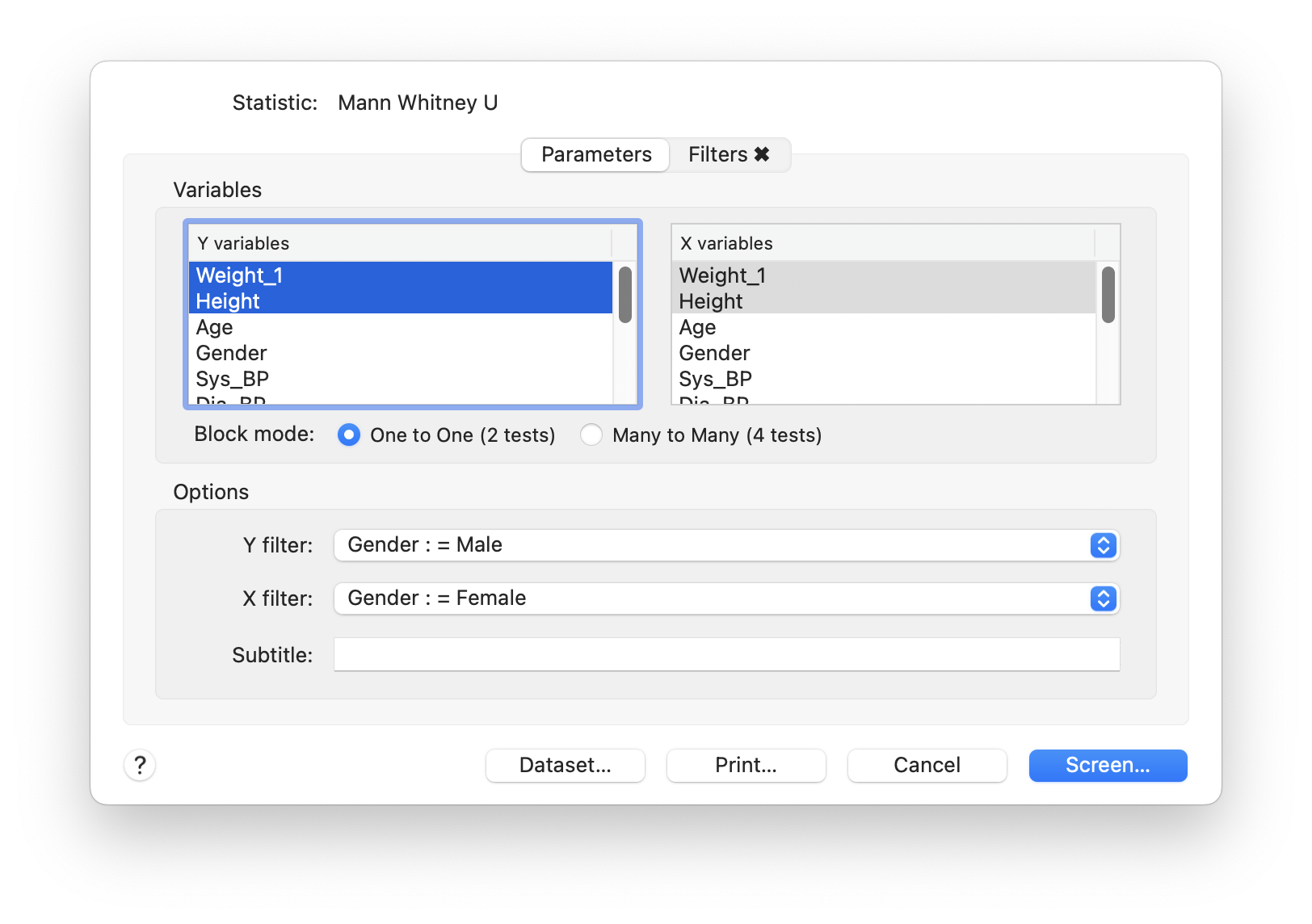 Mann Whitney U dialog