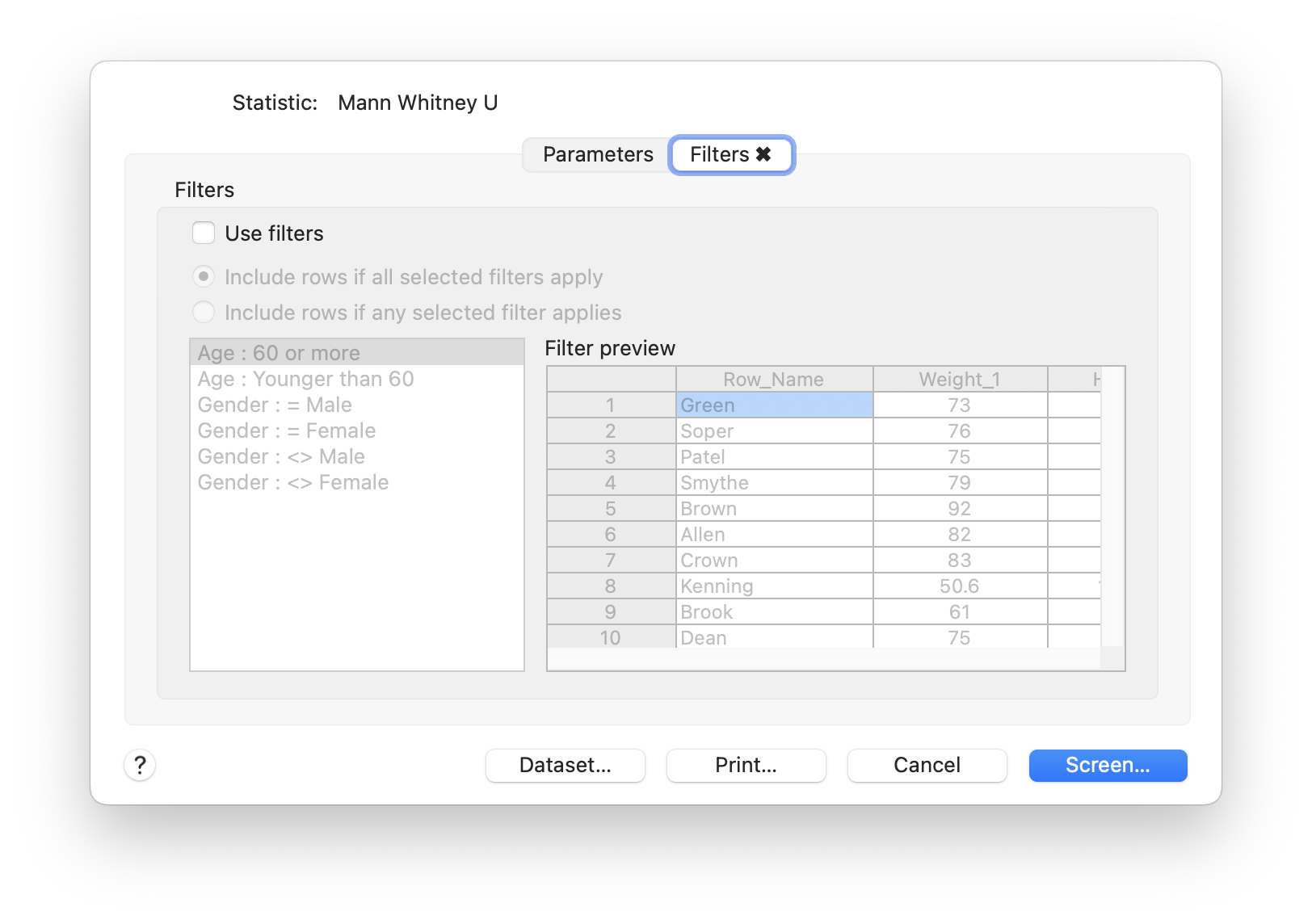 Man Whitney U dialog